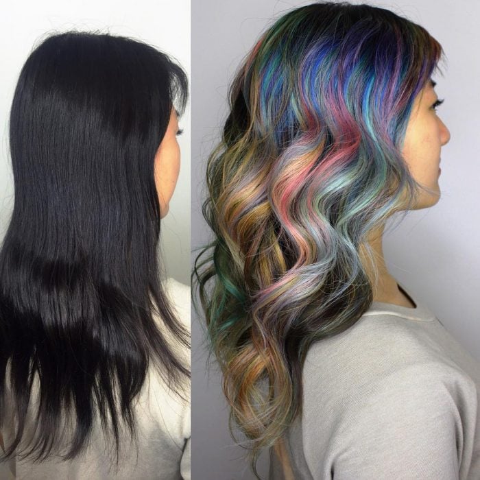 Chica antes y después de una transformación en su cabello de color negro a colores