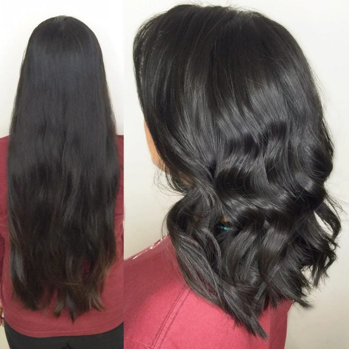 Chica antes y después de una transformación en su cabello de largo y negro a chino y corto 