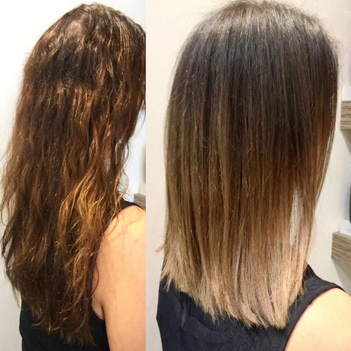 Chica antes y después de una transformación en su cabello de color café y largo a mechas californianas