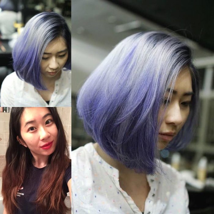 Chica antes y después de una transformación en su cabello de negro a color morado 