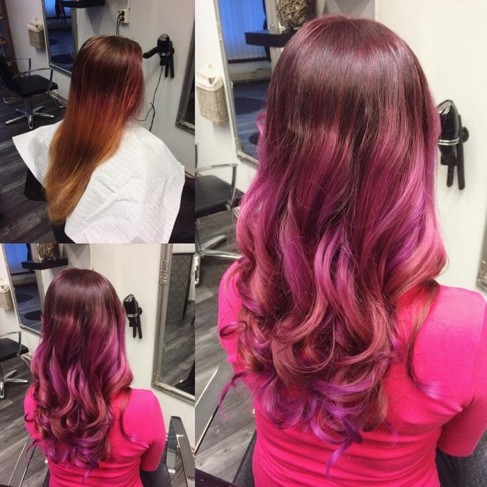 Chica antes y después de una transformación en su cabello de color café a un color rosa profundo 