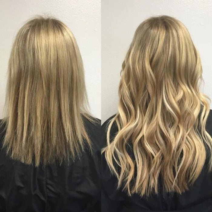 Chica antes y después de una transformación en su cabello de cabello corto y lacio a cabello largo y ondulado 