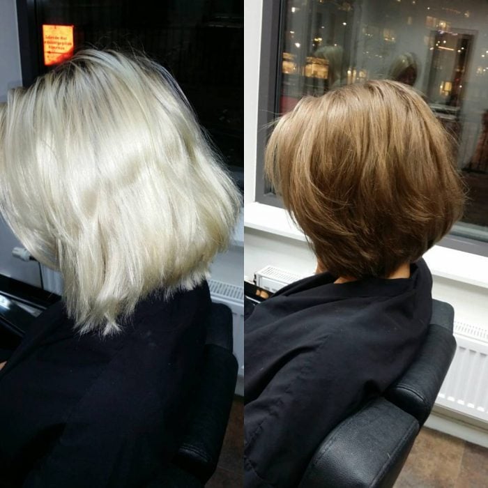 Chica antes y después de una transformación en su cabello de platinado a color café 