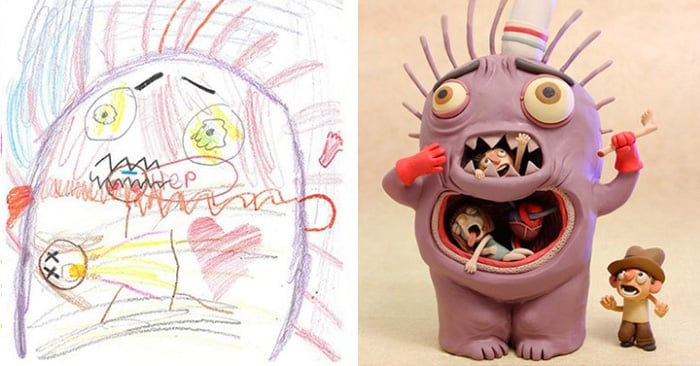 Artista recrea dibujos de monustros hechos por niños