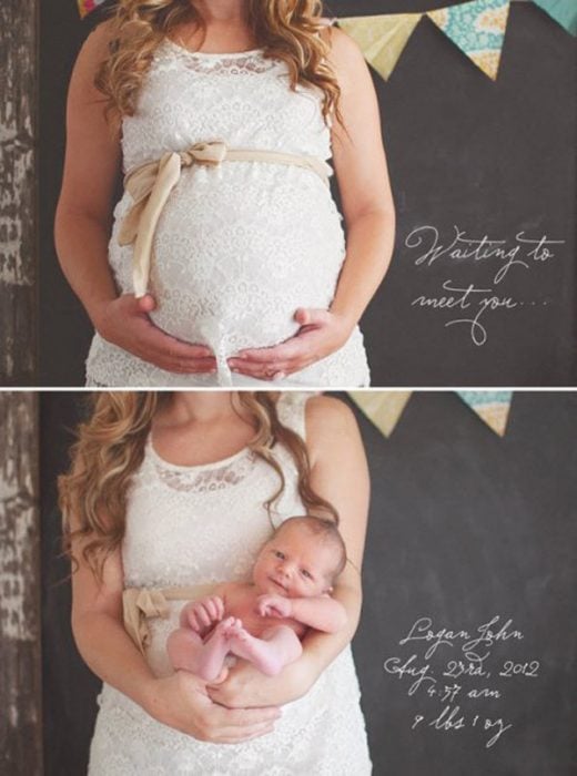 Mujer mostrando el antes y después de su embarazo cargando a su bebé 