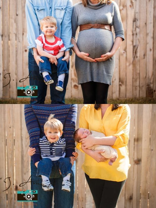 Pareja mostrando el antes y después de su embarazo con su primer y segundo hijo 