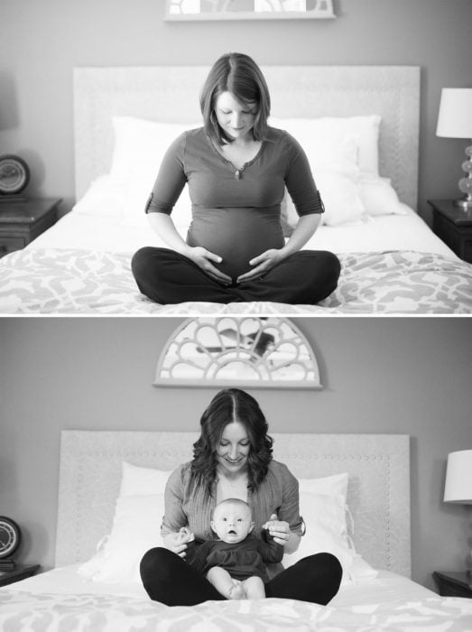 Mujer en el antes y después de su embarazo mientras está sentada en la misma cama 