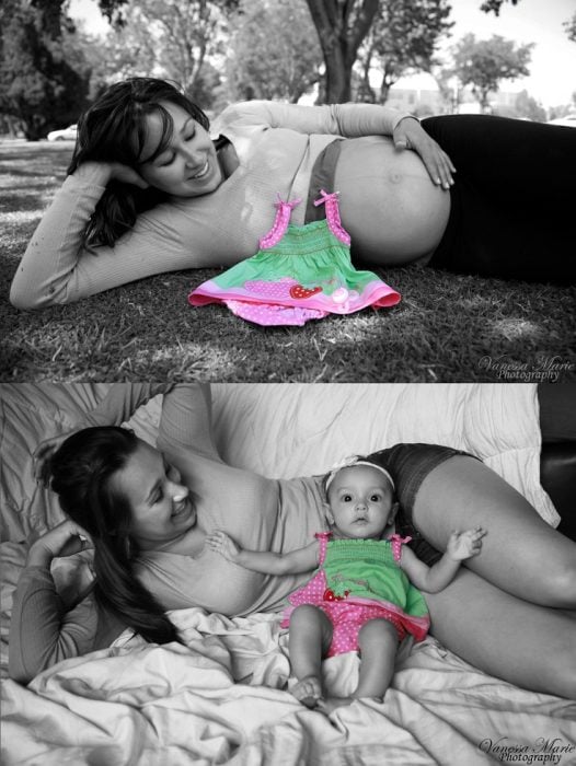 Mujer recostada en el pasto mostrando el antes y después del nacimiento de su bebé 