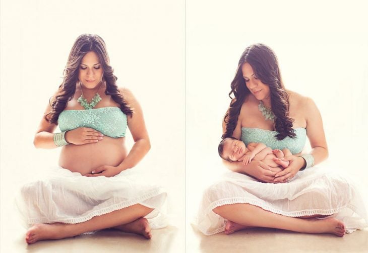 Chica mostrando el antes y después de su embarazo 