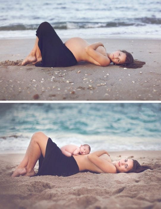 Chica mostrando el antes y después de su embarazo en la playa 