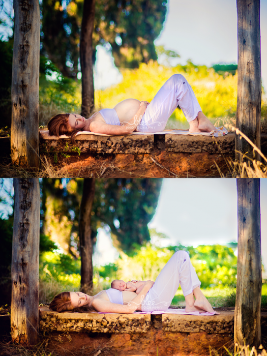 Mujer recostada en el suelo mostrando el antes y después de su embarazo 