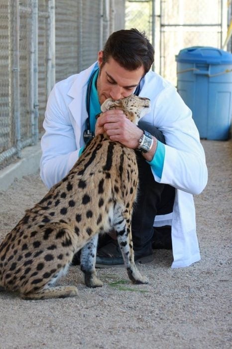 Veterinario Evan Antin con un leopardo 