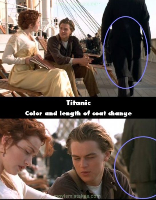Errores de la película Titanic saco de un pasajero se corta y se alarga en otra escena 