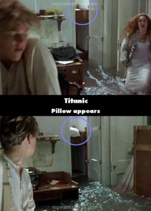 Errores de la película Titanic almohada que aparece misteriosamente atrás de rose 