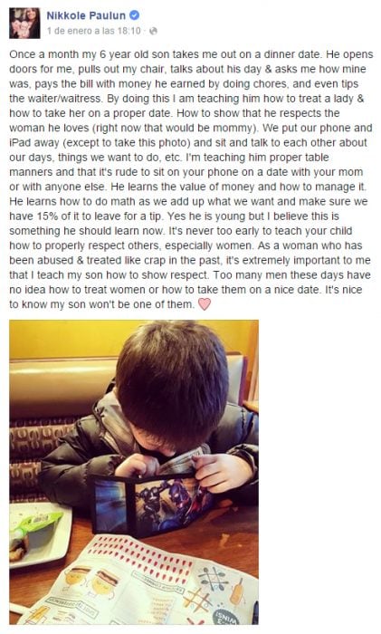 Publicación que compartió una chica en facebook sobre su hijo que la lleva a cenar una vez al mes 
