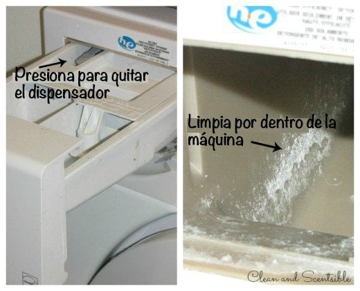 Dispensador de jabón de una lavadora sucio