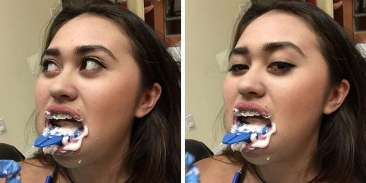 chica con pasta para molde dental en la boca