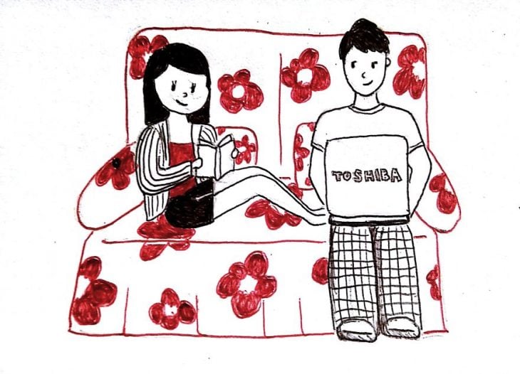 Dibujo de las relaciones a larga distancia. pareja en el sofá leyendo 