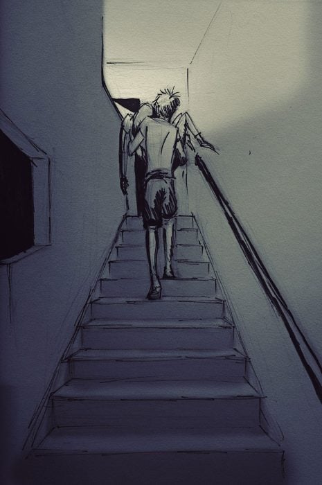 dibujo hombre cargando a su esposa por las escaleras