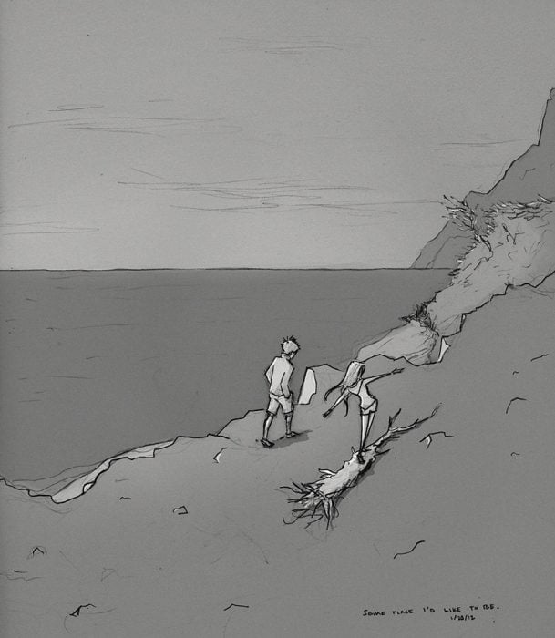 dibujo de pareja caminando por la playa