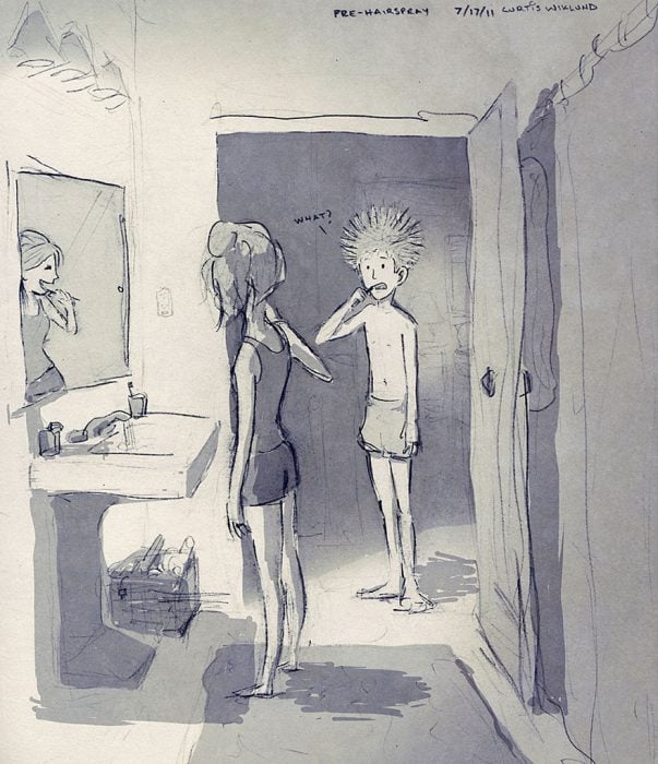 dibujo pareja en el baño cepillándose los dientes