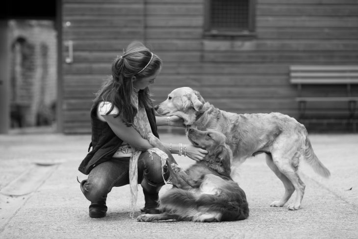 Chica sentada en el suelo acariciando a dos perros 