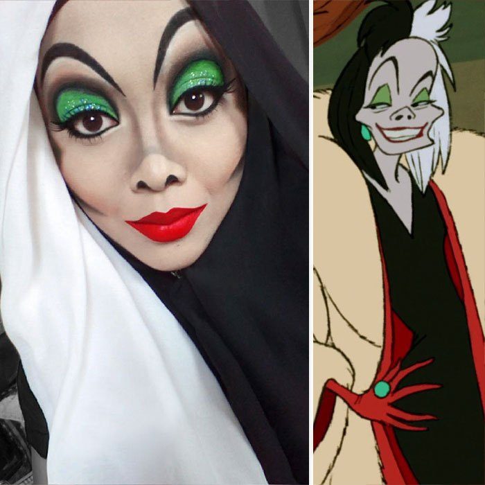 mujer se disfraza de Cruella de Vil con hiyab