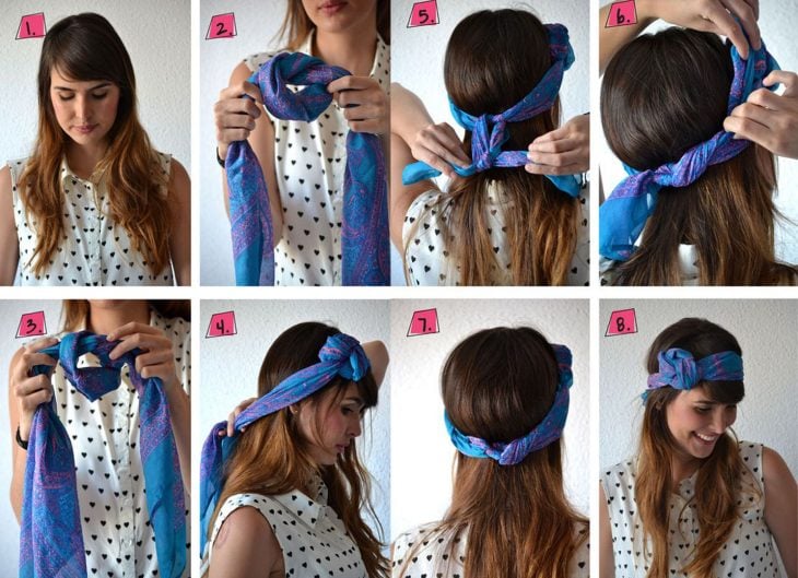 Chica mostrando un tutorial de como hacer un peinado con pañuelos
