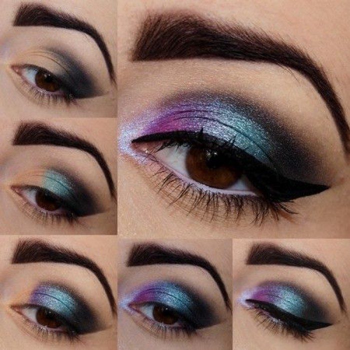 Tutoriales de maquillaje de noche. Ojos en color azul, morado y negro 