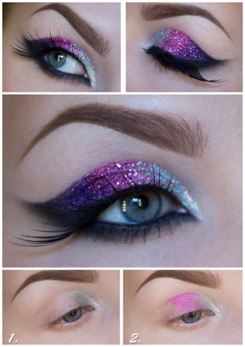 Maquillaje de ojos para noche en color rosa, morado y plata 