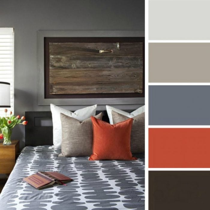 paleta de colores para dormitorio grises naranja 