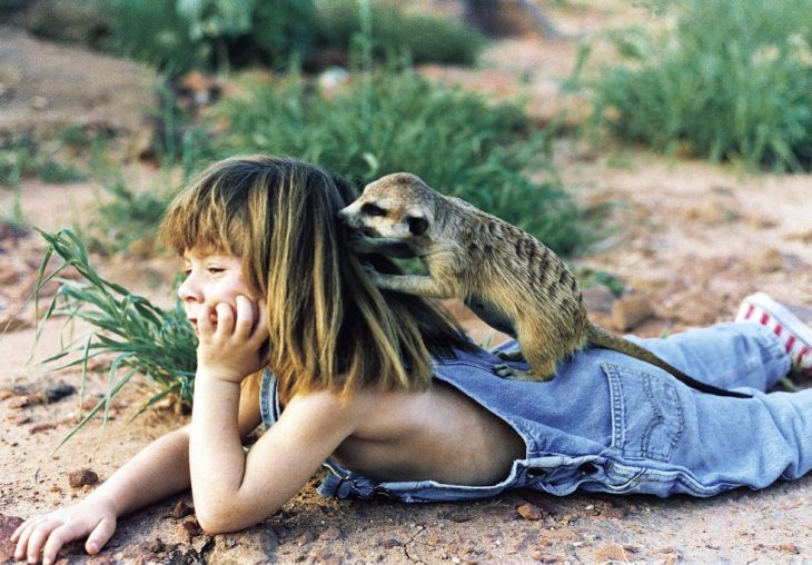 niña tippi acostada boca abajo con suricata en su cabeza