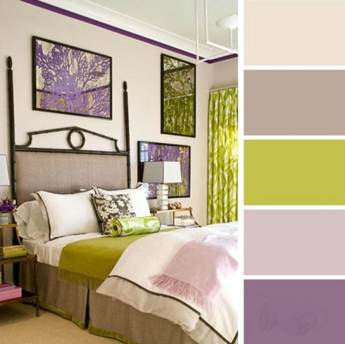 paleta de colores para dormitorio lila verde limon grises 