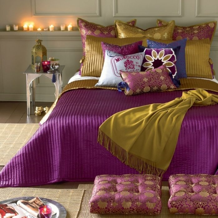 paleta de colores para dormitorio morado rosa amarillo mostaza 