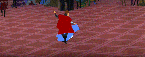 princesa aurora baila con principe mientras su vestido cambia de color