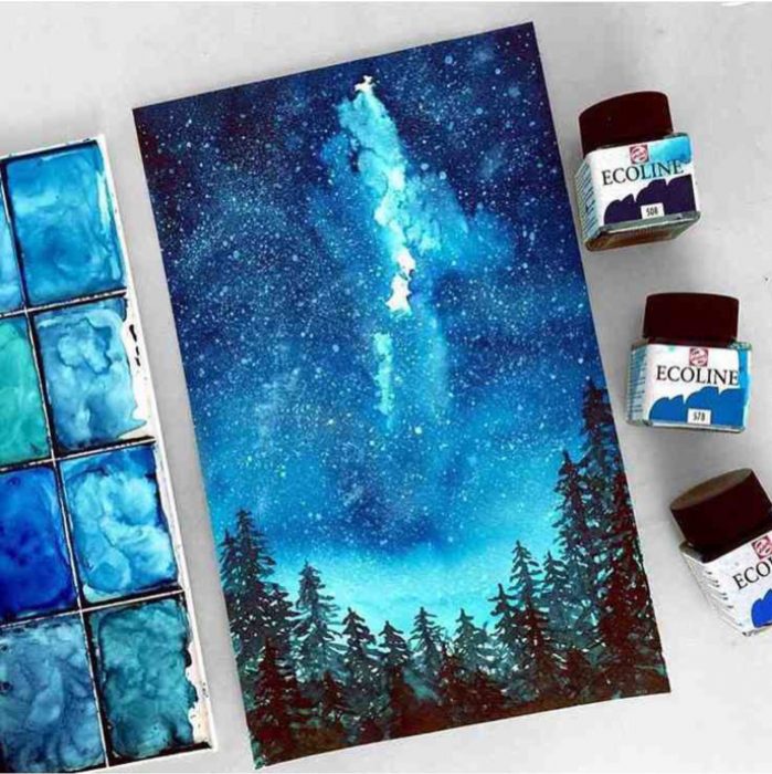 pintura con acuarelas tonos frios cielo noche bosque