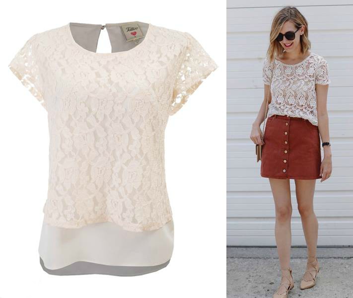 blusa de encaje blanco con falda de gamuza look 