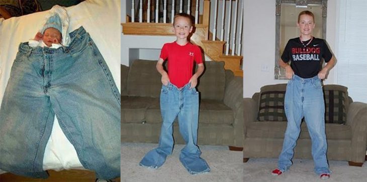 Chico usando unos pantalones para ver el crecimiento desde el día en que nació 