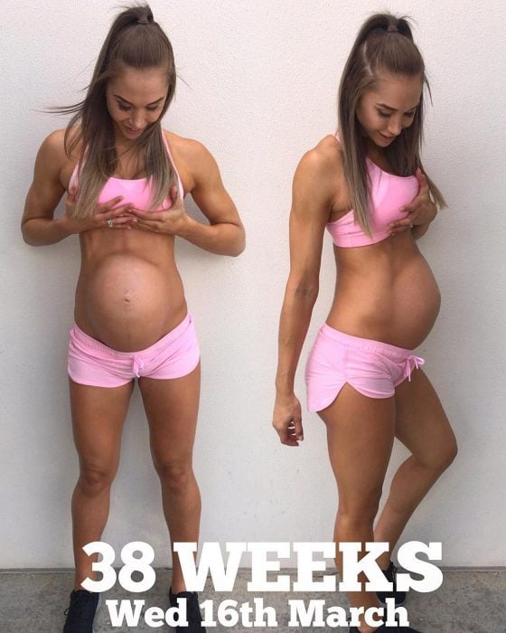 Modelo fitness mostrando su embarazo de 38 semanas 