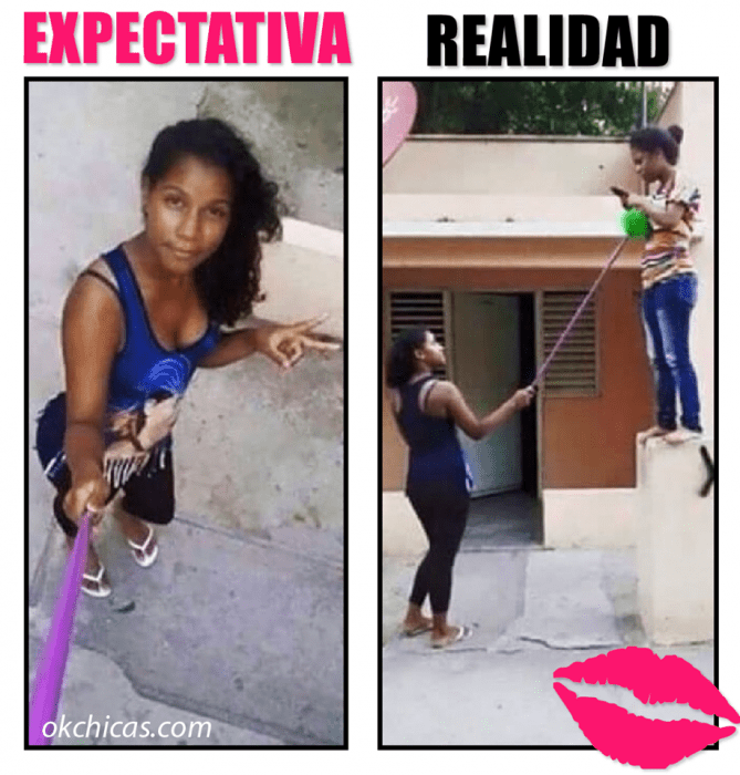  expectativa vs realidad mujeres tomandos foto con selfiestick