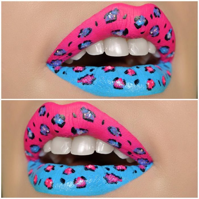 Labios pintados en color rosa y azul con tonos en animal print 