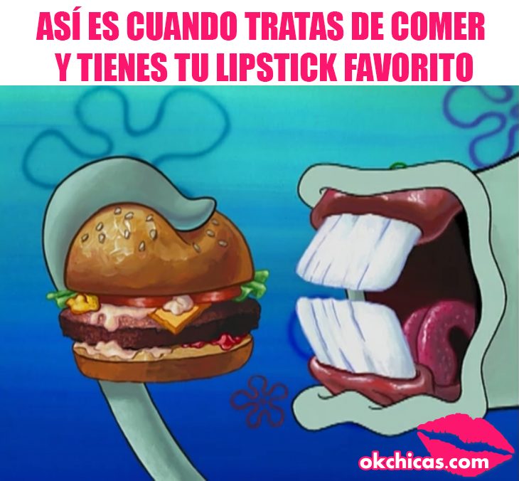 Escena de la caricatura bob esponja cuando tratas de comer con lápiz labial