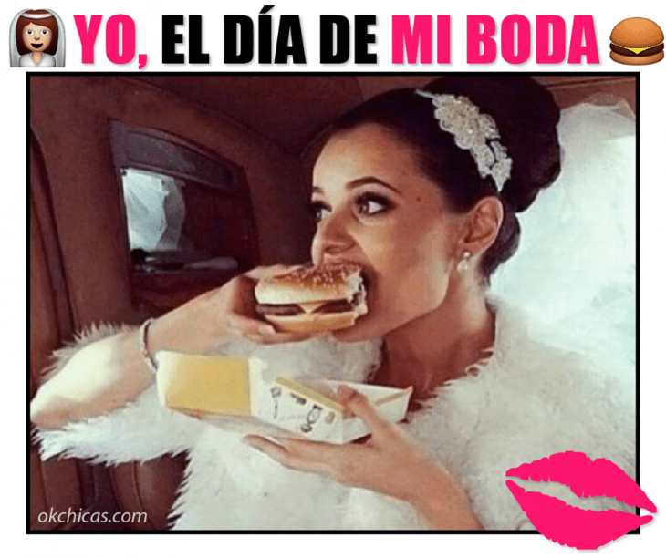 meme okchicas mujer vestida de novia comiendo hamburguesa 