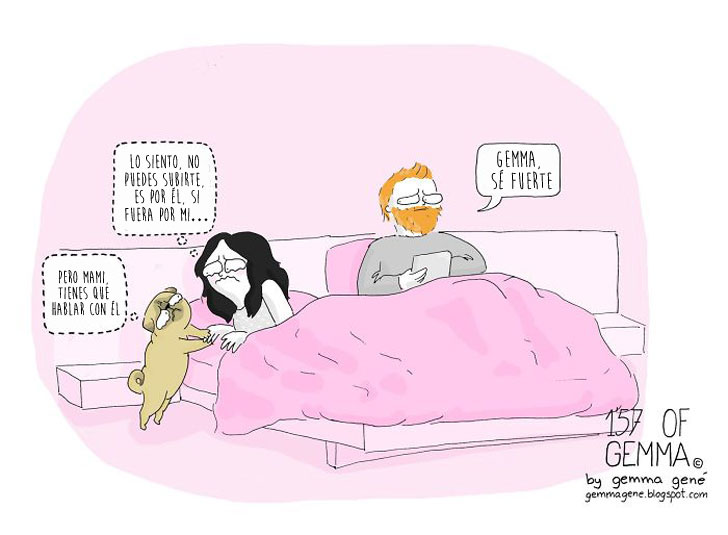 ilustracion de perro pug y dueña en la cama 