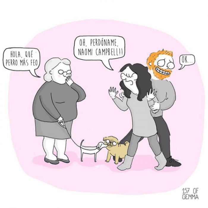 ilustracion de pareja y perro pug con dueña enojada 