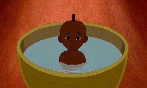 dibujos animados niño africano en el agua 