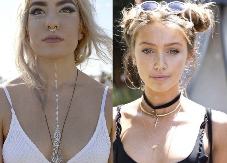 Chicas en el festival coachella 2016 usando accesorios en la nariz y el cuello 
