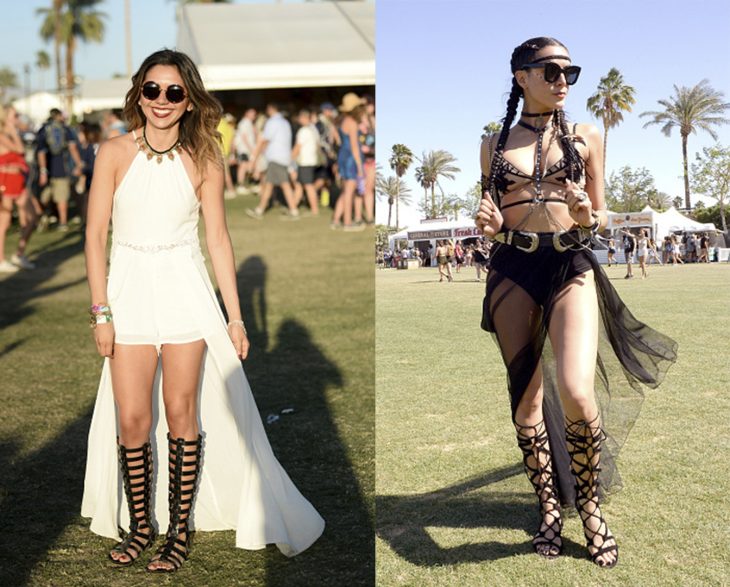 Chica usando sandalias tipo gladiadoras en el festival coachella 2016