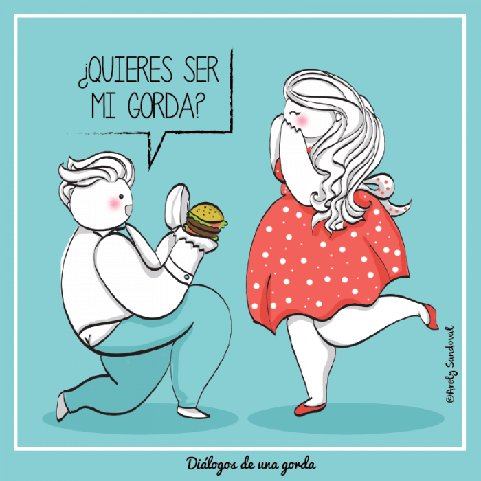 Ilustraciones de una chica gordita recibiendo una hamburguesa 