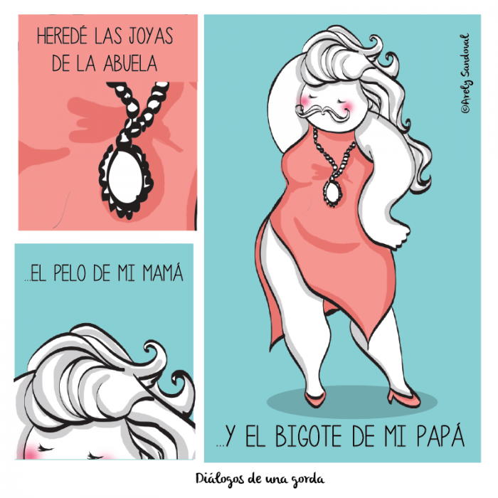 Ilustraciones de una chica gordita mostrando las herencias de su familia 